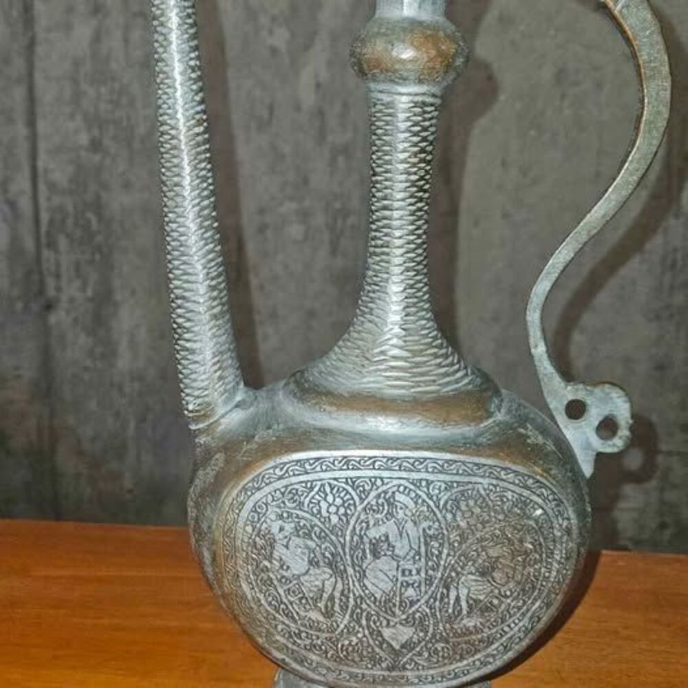 ANTIQUE ARABIC ISLAMIC 18TH OR 19TH C. EWER JUG ORNATE PITCHER  RARE 15" TALL